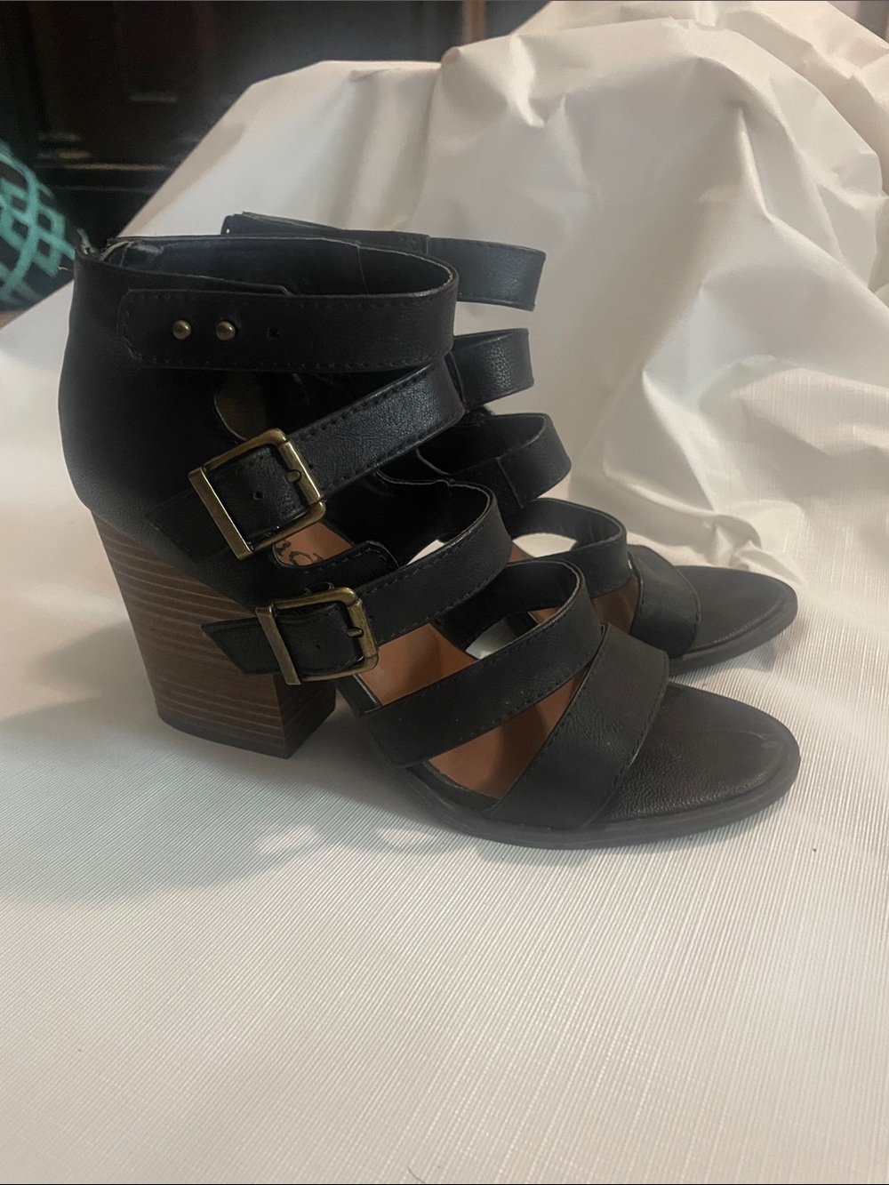 Mudd Black Strappy Block Heel Sandals with Buckles